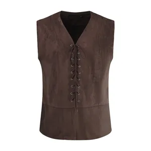 Men's vintage brown suede lace-up vest sleeveless jacket casual fashion outerwear autumn