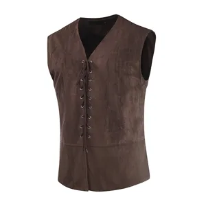 Men's vintage suede lace-up vest sleeveless steampunk medieval waistcoat jacket top.