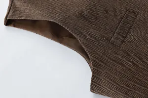 Men's business casual herringbone suit vest detail, retro slim fit tweed waistcoat for men.