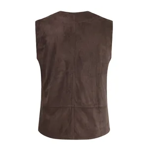 Back view detail of brown faux suede men vest, showing fine stitching lines and texture.