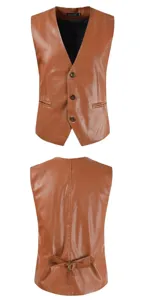 Men slim PU leather waistcoat, classic brown single-breasted vest front and back details.