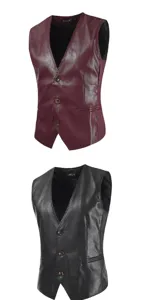 Men's slim fit PU leather vest vintage single breasted V neck casual waistcoat for men