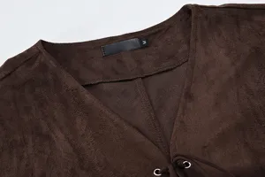 Men's brown suede vest detail, V-neck sleeveless jacket with front lace-up and metal eyelets.