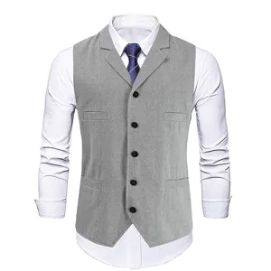 Men's casual slim fit suit vest with classic herringbone pattern and stylish lapel design.