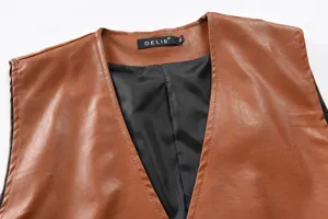 Close-up detail shot of men's brown PU leather vest collar and black inner lining craft.