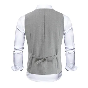 Men's grey herringbone suit vest back view detail showcasing vintage slim waistcoat style.