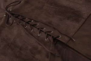 Detailed view of brown suede sleeveless vest with lace-up metal eyelets autumn apparel