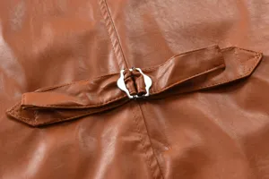 Men's PU leather vest back detail, brown faux leather fabric with adjustable buckle strap.