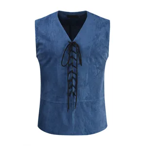Men Vintage Sleeveless Vest Acetate Fiber Slim Fit V Neck Cross Lace Up Casual Waistcoat Top For Autumn Winter