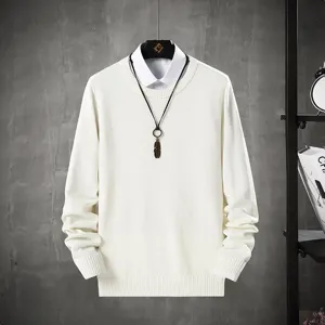 Men minimalist solid color crewneck knit sweater with layered shirt autumn casual pullover top