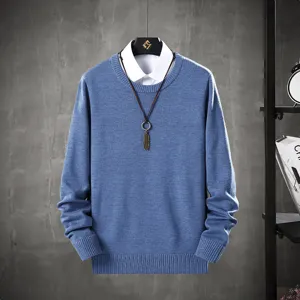 Men's stylish casual solid color crewneck knit sweater with layered shirt for autumn daily wear.
