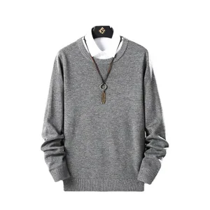Men's casual grey crewneck sweater with layered white collar and stylish feather pendant.