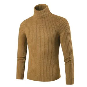 Men's casual turtleneck sweater with cable knit texture, warm slim fit winter pullover.