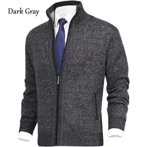 Men's dark gray full-zip stand collar knit cardigan sweater thick warm casual outerwear