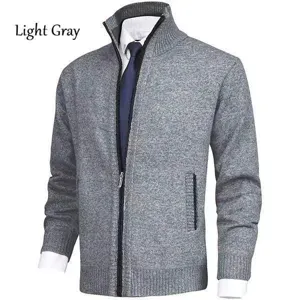 Men's thermal fleece-lined stand collar knit cardigan sweater in light gray, casual winter style.