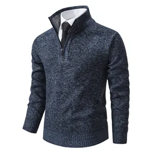 Men's Dark Blue Quarter-Zip Mock Neck Knit Sweater Casual Long Sleeve Winter Warm Pullover