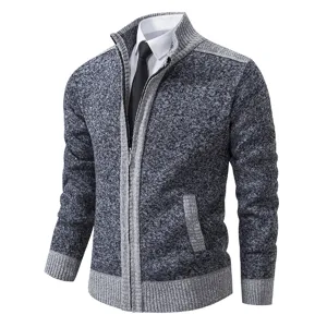 Men's winter stand collar zip knitted cardigan casual thick fleece lined sweater jacket