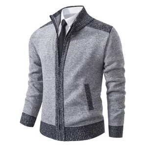 Men's casual stand collar zip cardigan sweater thick fleece lined outerwear main view.