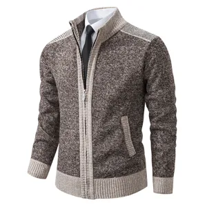 Men's stand collar full-zip knit cardigan sweater jacket casual outerwear brown