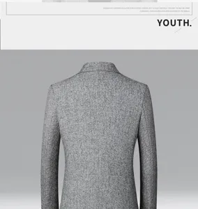 Men's casual grey blazer jacket back view detail, slim fit single suit top.
