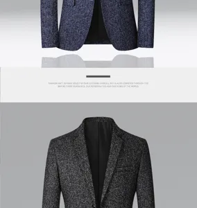 Men casual blazer detail view, stylish tweed fabric texture, business suit jacket top view.