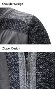 Heren gebreid vest detail close-up met schouder en metalen ritssluiting ontwerp.
