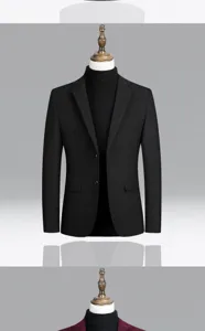 Zwarte heren wollen blazer jas met coltrui voor herfst en winter zakelijke kleding.