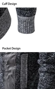 Gedetailleerde close-up van de gebreide heren cardigan trui met manchet en zakken.