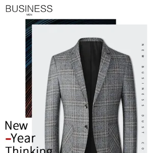 Detailed view of men's casual plaid suit jacket, classic lapel and button texture.