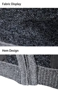 Gedetailleerd overzicht van de gebreide stoftextuur en het zoomontwerp van dit vest.