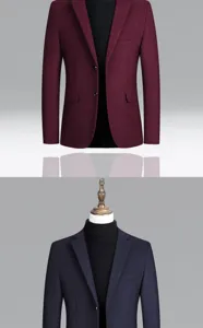 Gedetailleerd overzicht heren wollen blazer, klassieke reverskraag en knoopsluiting.