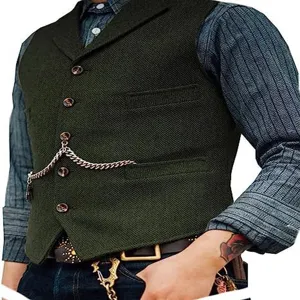 Close-up detail of the vintage green herringbone tweed vest featuring classic lapel design and pocket chain.