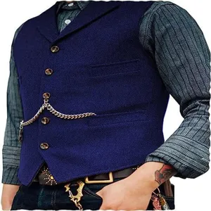Detailed close-up view of men vneck herringbone waistcoat pocket chain detail casual