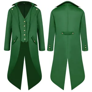 Men's green vintage medieval tailcoat suit punk retro costume long jacket coat tops