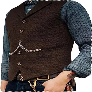 Men vintage herringbone vest casual slim fit waistcoat with pockets for retro daily outfit