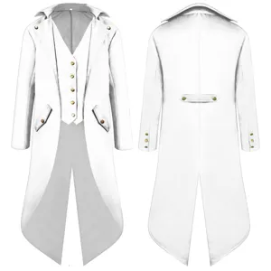 Medieval retro men tailcoat jacket detail view, vintage punk style white costume design.