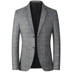 Men's Business Casual Plaid Blazer Slim Fit Checkered Suit Jacket Single Breasted Two Button Lapel Long Sleeve Top For Office Autumn
