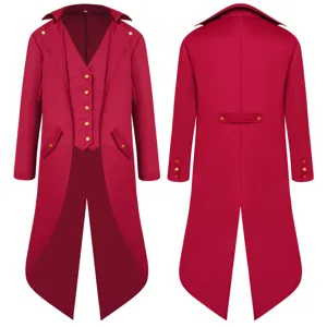 Men medieval vintage red tailcoat jacket steampunk costume with vest gothic outerwear