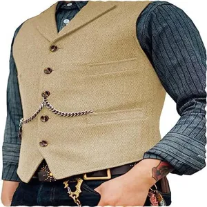 Detailed view of men vintage herringbone tweed vest waistcoat with pockets and chain.