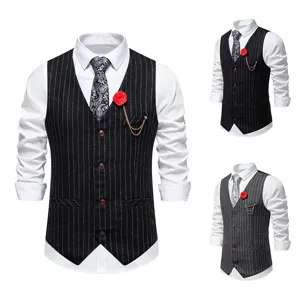 Men vintage striped single breasted suit vest with tie and brooch, stylish business waistcoat.
