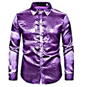 Purple sequin long sleeve men shirt detail view, classic turn-down collar, shiny fabric.