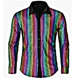 Men's colorful sequin long sleeve shirt, lapel collar button down party stage costume.