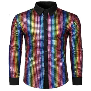 Men's long sleeve metallic sequin shirt rainbow grid button down party club wear top