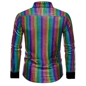 Men metallic glossy long sleeve shirt back detail showing colorful grid party stage costume.