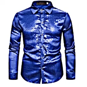 Close-up of the shiny blue long sleeve shirt collar and sequined fabric detail for men style.