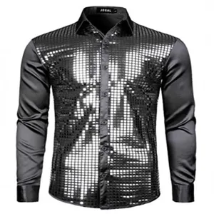 Men's Black Sequin Long Sleeve Dress Shirt Shiny Party Clubwear Button Down Collared Shirt