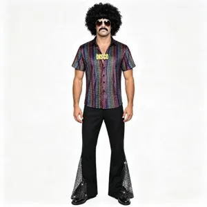 Herren 70er Jahre Disco Kostüm Pailletten Hemd Schlaghose Retro Party Outfit Bühne