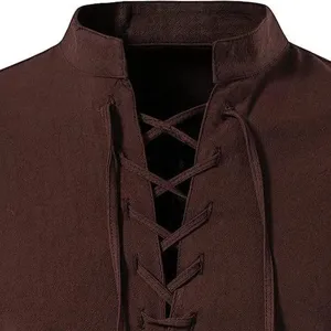 Men cotton linen lace up stand collar shirt detail view, casual retro long sleeve top.