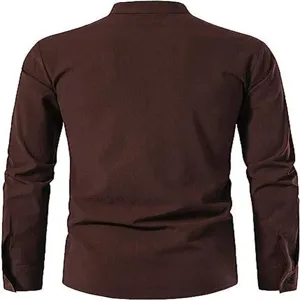 Mens casual long sleeve stand collar solid color brown shirt for daily wear or beach holiday.