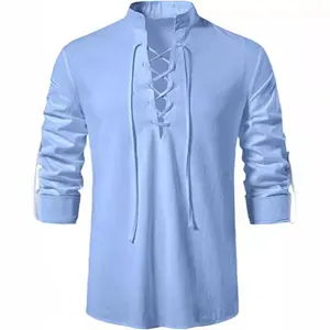 Men's Light Blue Linen Long Sleeve Stand Collar Lace-Up Casual Beach Hippie Shirt